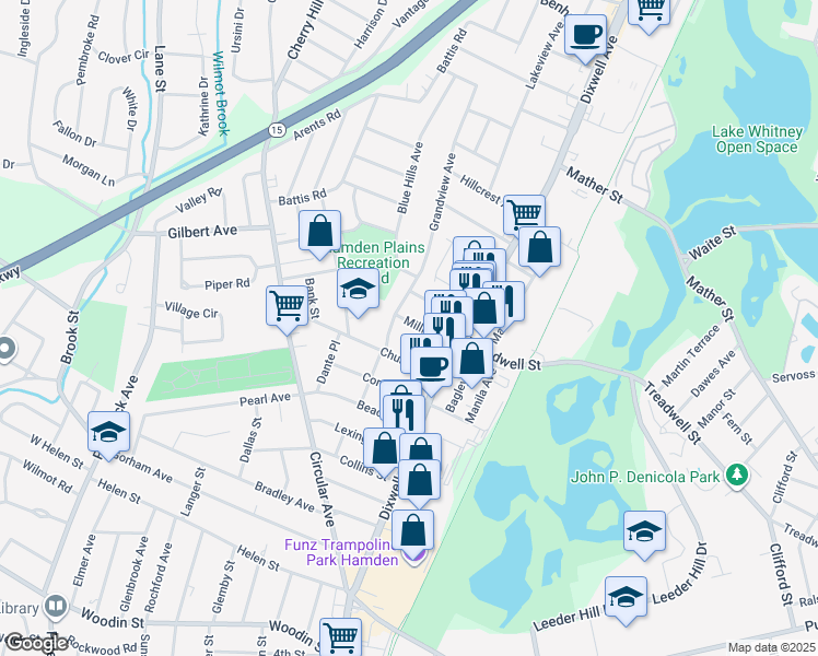 map of restaurants, bars, coffee shops, grocery stores, and more near 29 Church Street in Hamden