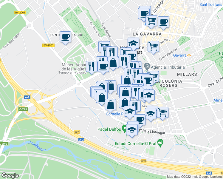 map of restaurants, bars, coffee shops, grocery stores, and more near 80 Carrer de Joaquim Rubió i Ors in Cornellà de Llobregat