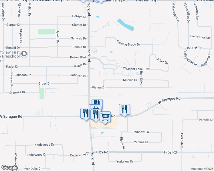 map of restaurants, bars, coffee shops, grocery stores, and more near 10303 Vienna Drive in Parma