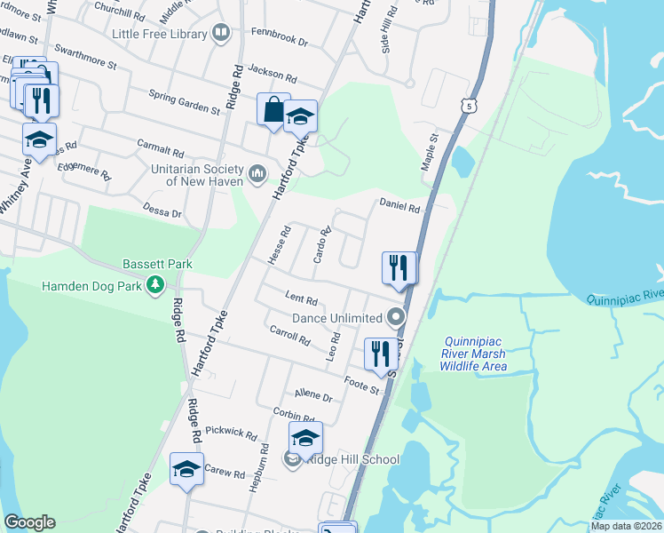 map of restaurants, bars, coffee shops, grocery stores, and more near 200 Daniel Road in Hamden