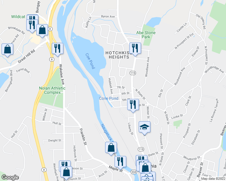 map of restaurants, bars, coffee shops, grocery stores, and more near 30 Hubbell Avenue in Ansonia