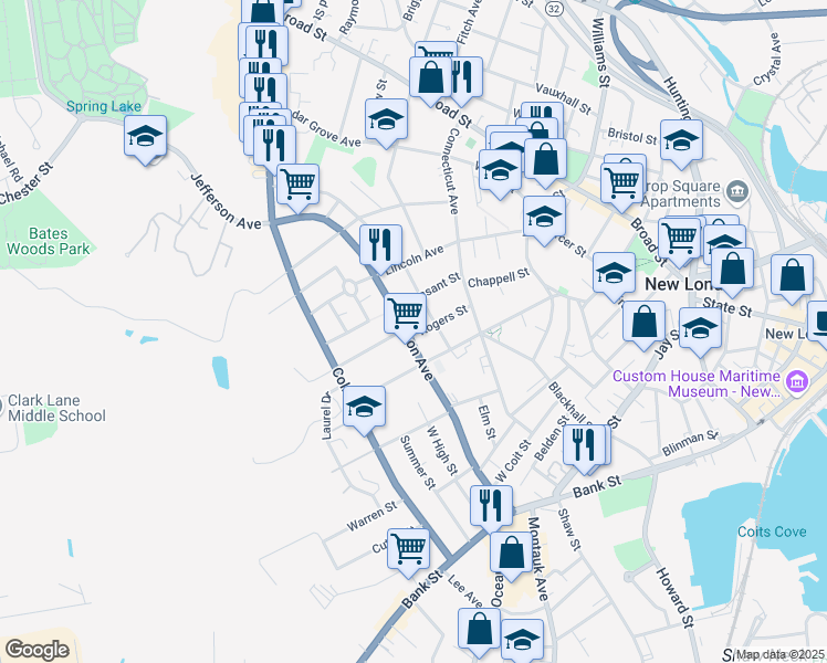 map of restaurants, bars, coffee shops, grocery stores, and more near 171 Jefferson Avenue in New London