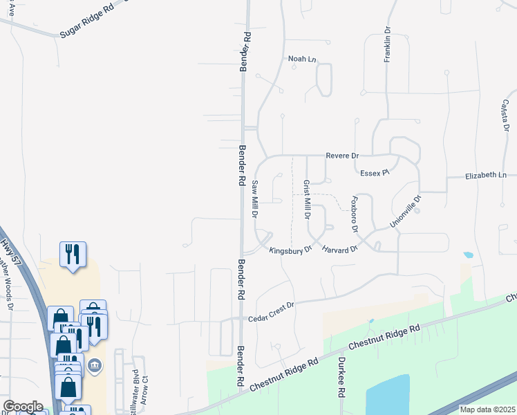map of restaurants, bars, coffee shops, grocery stores, and more near 9399 Asbury Lane in North Ridgeville