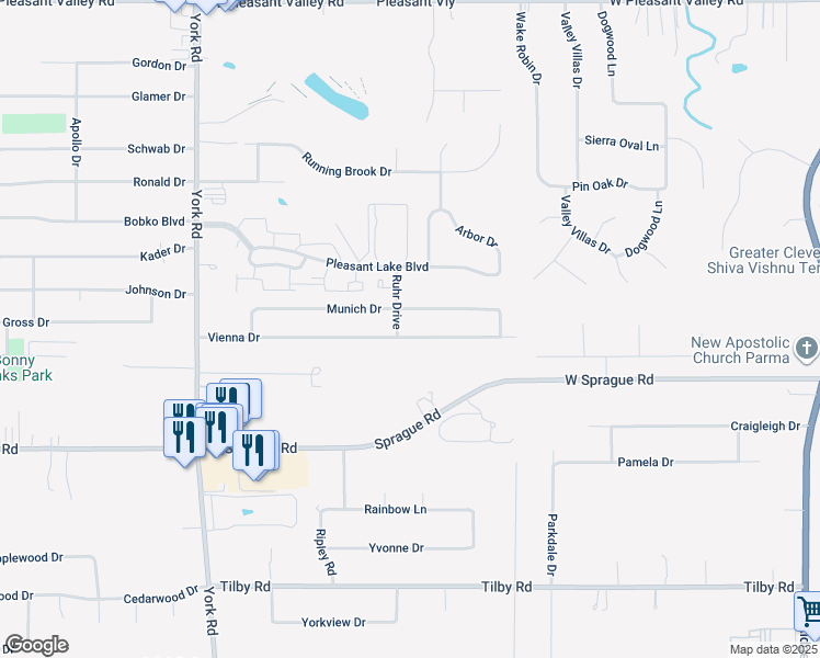 map of restaurants, bars, coffee shops, grocery stores, and more near 9508 Munich Drive in Parma