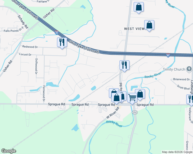 map of restaurants, bars, coffee shops, grocery stores, and more near 26031 Hickory Lane in Olmsted Falls