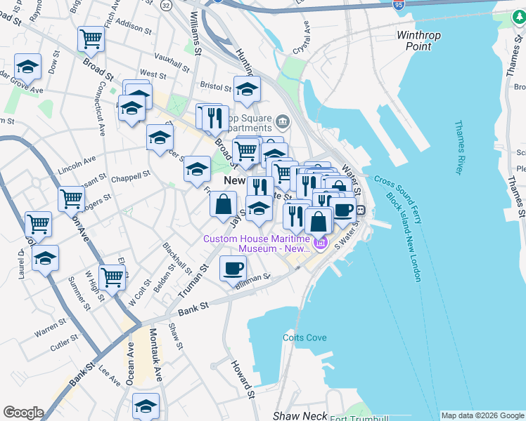 map of restaurants, bars, coffee shops, grocery stores, and more near 45 Huntington Street in New London