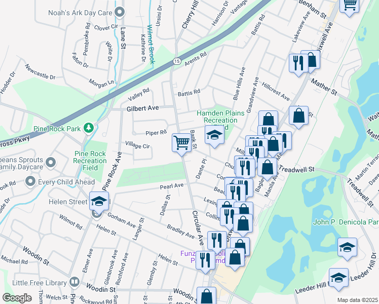 map of restaurants, bars, coffee shops, grocery stores, and more near 321 Circular Avenue in Hamden