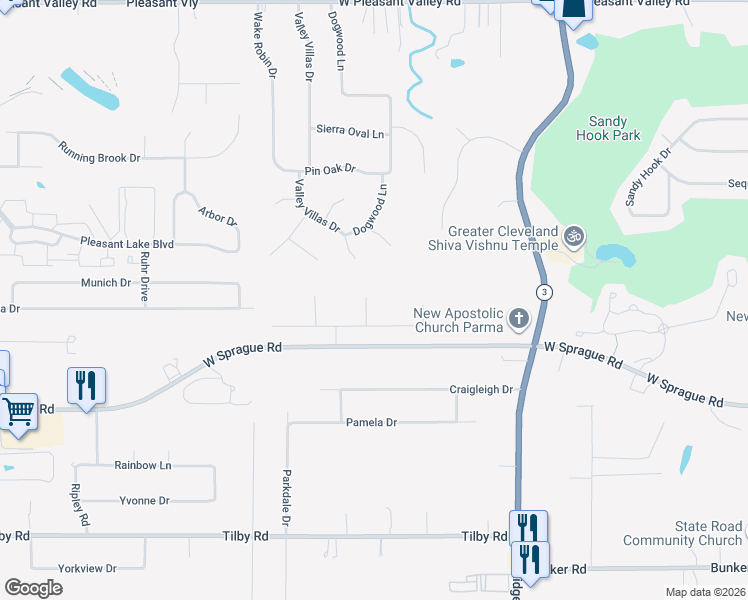 map of restaurants, bars, coffee shops, grocery stores, and more near 7955 Oakbrook Oval in Cleveland