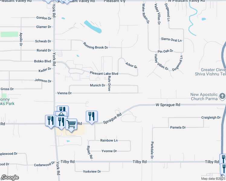 map of restaurants, bars, coffee shops, grocery stores, and more near 9508 Munich Drive in Parma