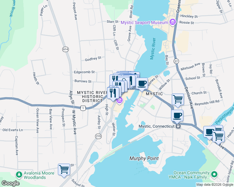 map of restaurants, bars, coffee shops, grocery stores, and more near 2 Water Street in Groton