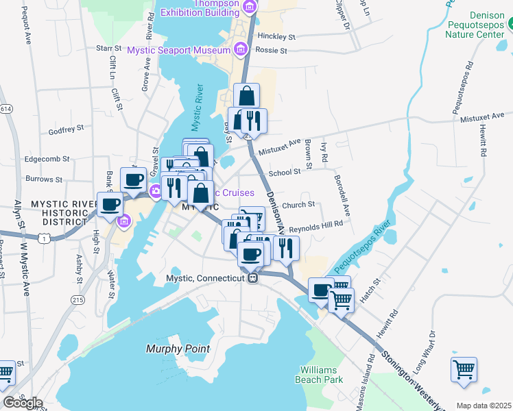 map of restaurants, bars, coffee shops, grocery stores, and more near 1853 Denison Avenue in Stonington