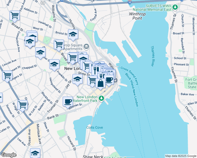 map of restaurants, bars, coffee shops, grocery stores, and more near 107 State Street in New London
