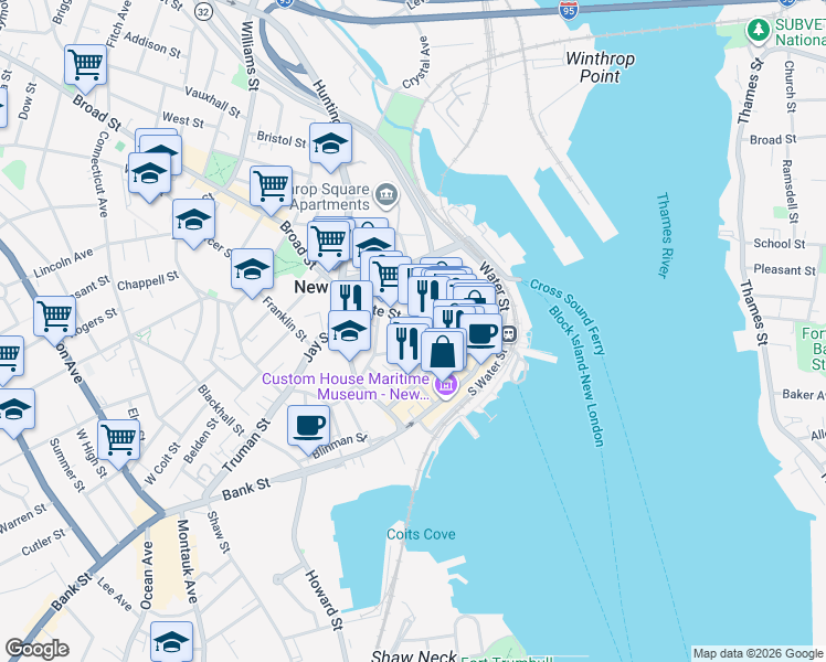 map of restaurants, bars, coffee shops, grocery stores, and more near 237 State Street in New London
