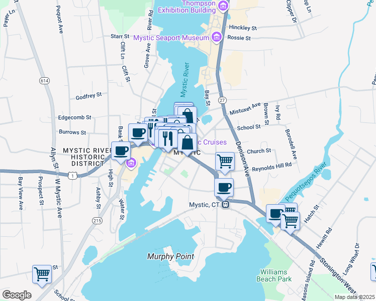 map of restaurants, bars, coffee shops, grocery stores, and more near 23 East Main Street in Stonington