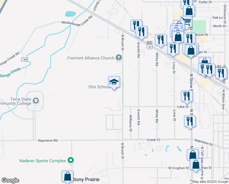 map of restaurants, bars, coffee shops, grocery stores, and more near 718 North Brush Street in Fremont