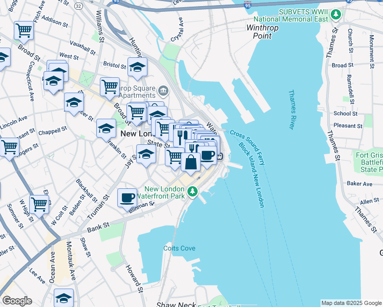map of restaurants, bars, coffee shops, grocery stores, and more near 107 State Street in New London