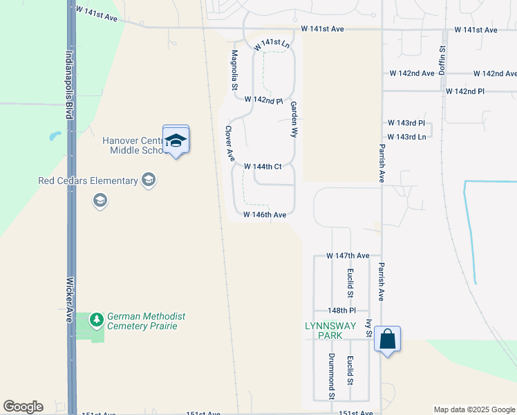 map of restaurants, bars, coffee shops, grocery stores, and more near 14508 Carey St in Cedar Lake