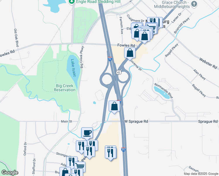 map of restaurants, bars, coffee shops, grocery stores, and more near 7800 Pearl Road in Middleburg Heights