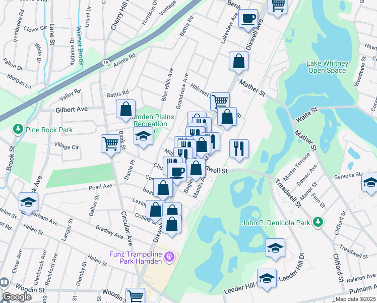 map of restaurants, bars, coffee shops, grocery stores, and more near 19 Cumley Street in Hamden