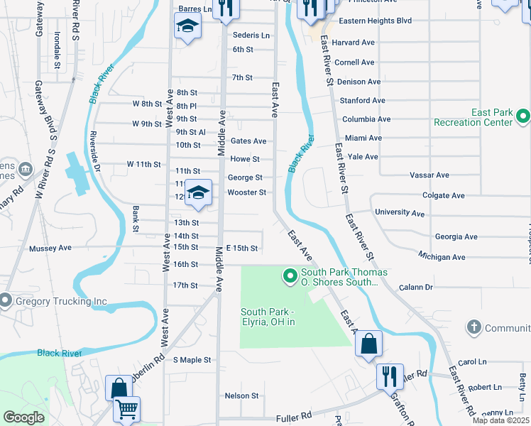 map of restaurants, bars, coffee shops, grocery stores, and more near 1234 East Avenue in Elyria