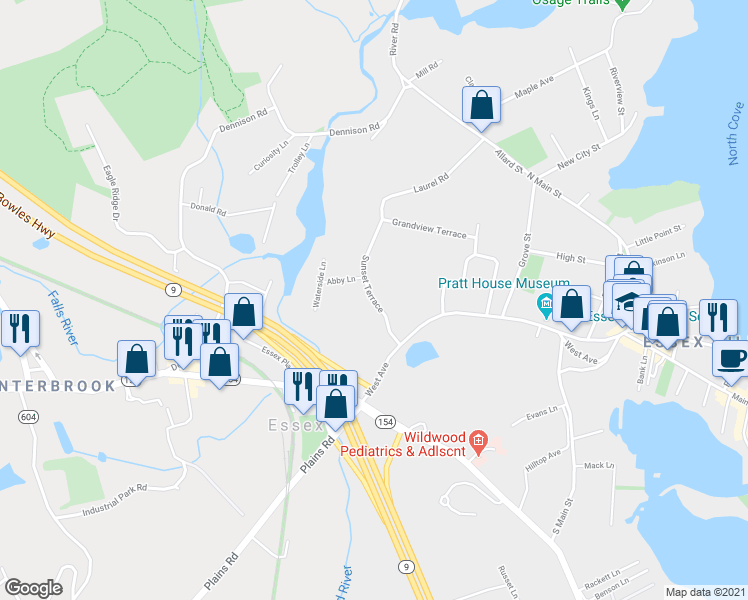map of restaurants, bars, coffee shops, grocery stores, and more near 25 Sunset Terrace in Essex