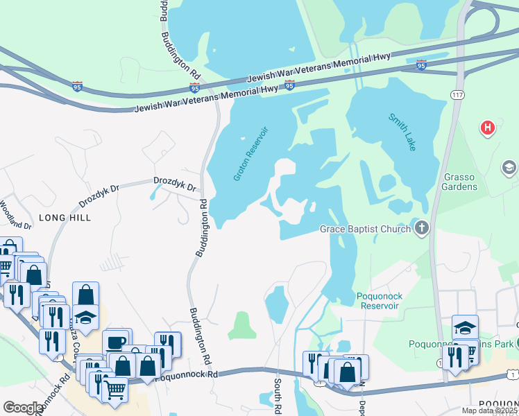map of restaurants, bars, coffee shops, grocery stores, and more near 425 Drozdyk Drive in Groton