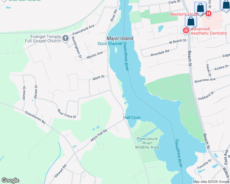 map of restaurants, bars, coffee shops, grocery stores, and more near 133 River Road in Stonington