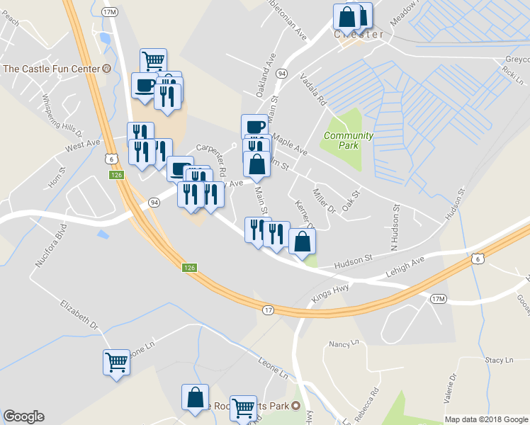 map of restaurants, bars, coffee shops, grocery stores, and more near 151 Main Street in Chester