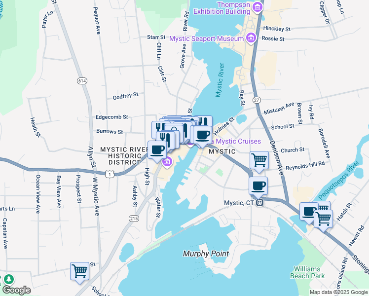 map of restaurants, bars, coffee shops, grocery stores, and more near 75 Steamboat Wharf in Groton