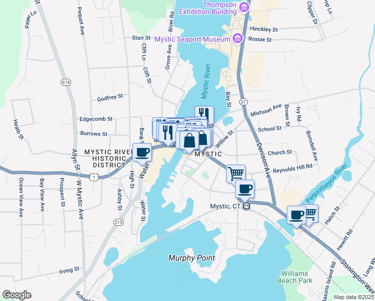 map of restaurants, bars, coffee shops, grocery stores, and more near 1 Holmes Street in Stonington