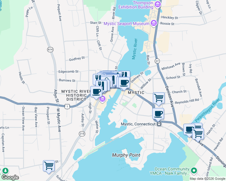 map of restaurants, bars, coffee shops, grocery stores, and more near 28 West Main Street in Groton