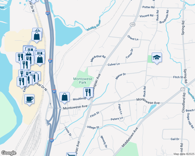 map of restaurants, bars, coffee shops, grocery stores, and more near 300 Quinnipiac Avenue in North Haven