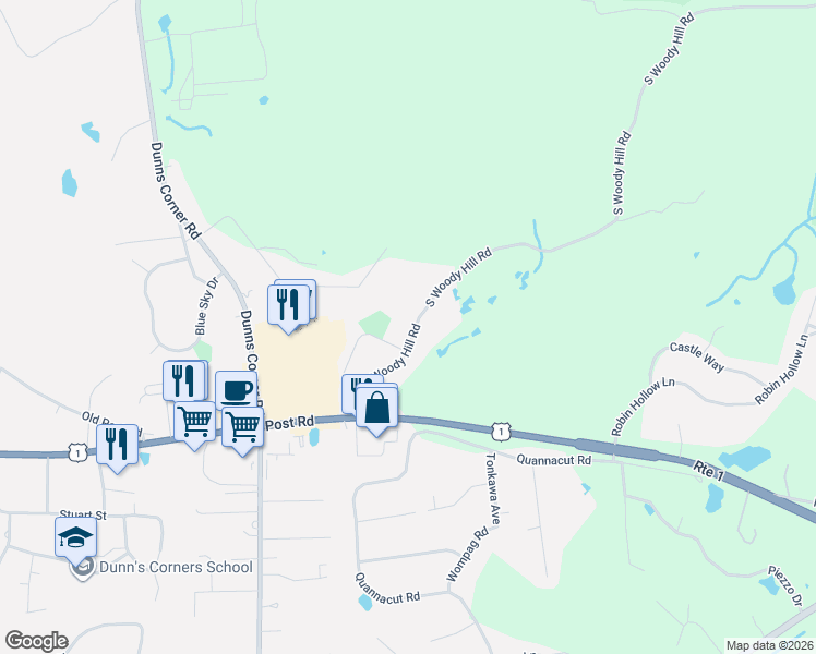 map of restaurants, bars, coffee shops, grocery stores, and more near 56 South Woody Hill Road in Westerly