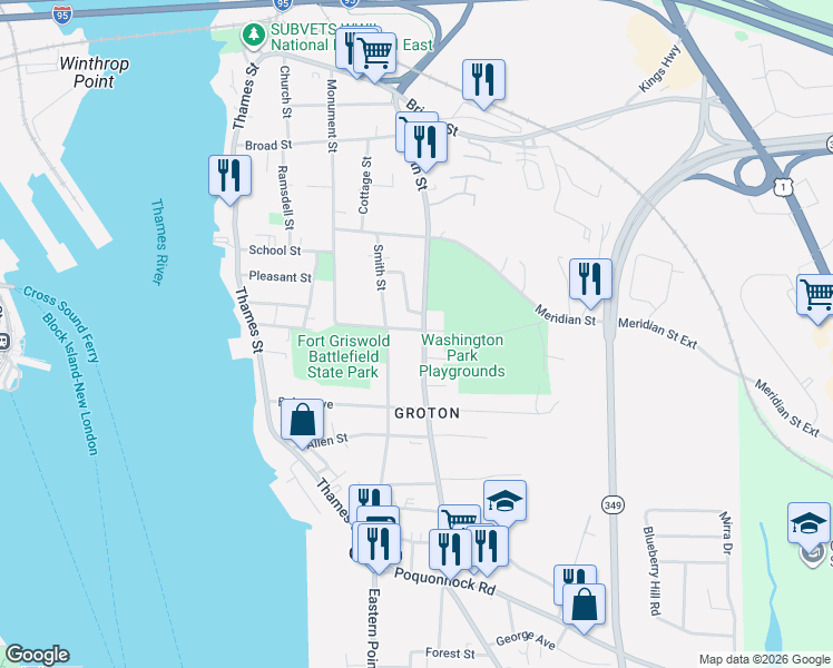 map of restaurants, bars, coffee shops, grocery stores, and more near 80 Mitchell Street in Groton