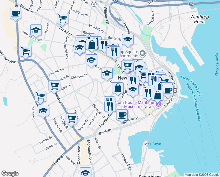 map of restaurants, bars, coffee shops, grocery stores, and more near 45 Franklin Street in New London