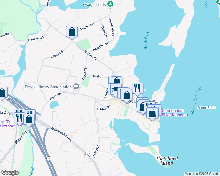 map of restaurants, bars, coffee shops, grocery stores, and more near 9 Prospect Street in Essex