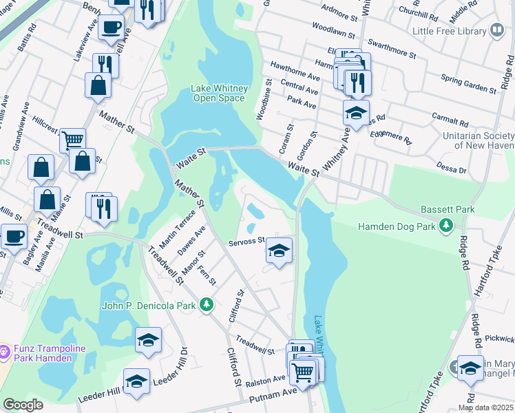 map of restaurants, bars, coffee shops, grocery stores, and more near 68 North Lake Drive in Hamden