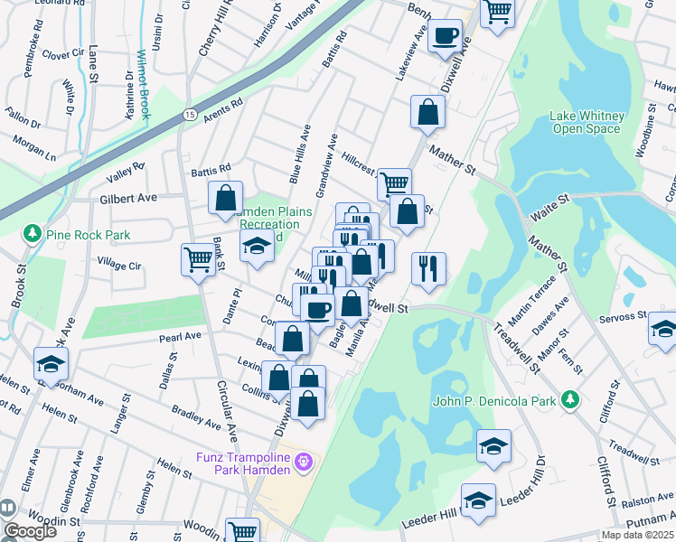 map of restaurants, bars, coffee shops, grocery stores, and more near 19 Cumley Street in Hamden