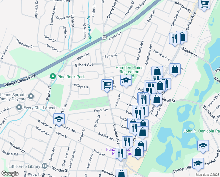 map of restaurants, bars, coffee shops, grocery stores, and more near 160 Church Street in Hamden