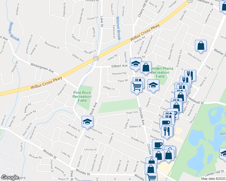 map of restaurants, bars, coffee shops, grocery stores, and more near 86 Village Circle in Hamden