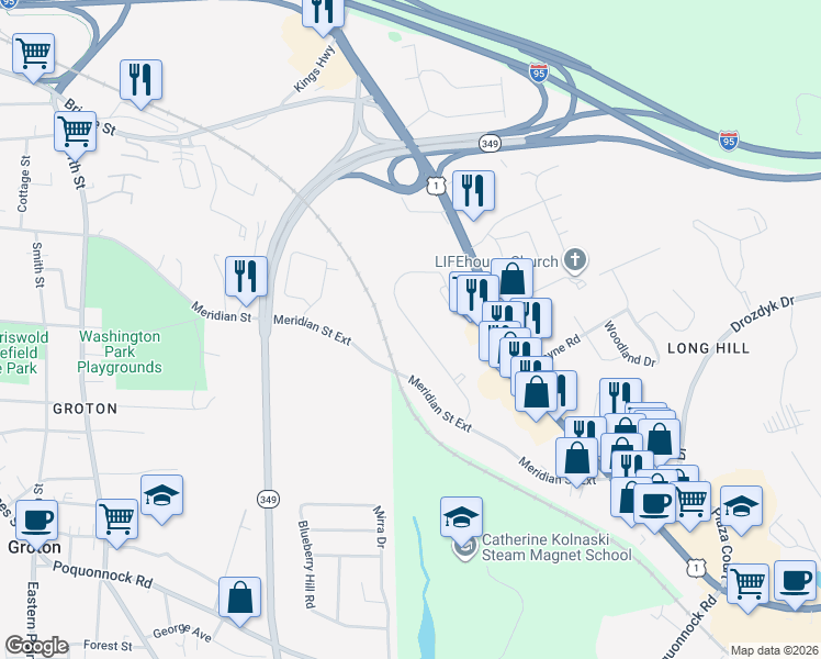 map of restaurants, bars, coffee shops, grocery stores, and more near 600 Meridian Street Extension in Groton