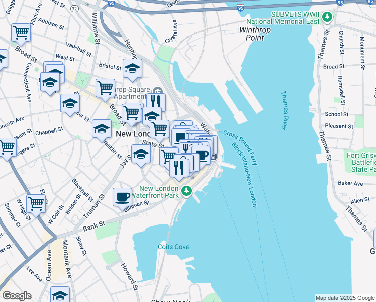 map of restaurants, bars, coffee shops, grocery stores, and more near 107 State Street in New London