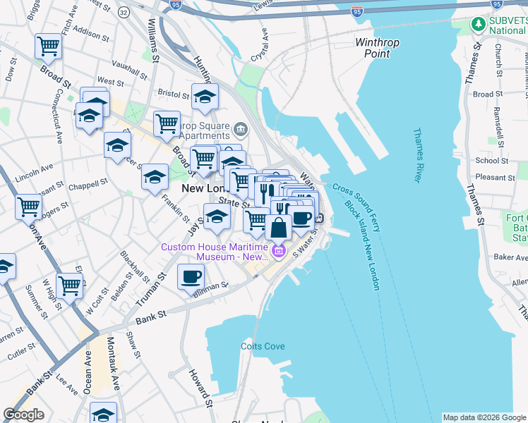 map of restaurants, bars, coffee shops, grocery stores, and more near 180 State Street in New London