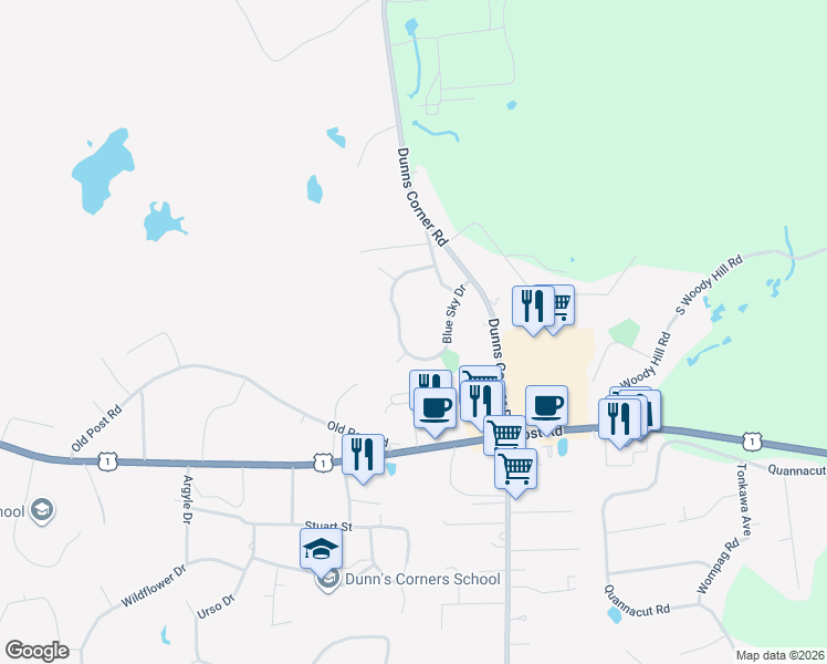 map of restaurants, bars, coffee shops, grocery stores, and more near 17 Blue Sky Drive in Westerly