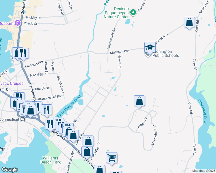 map of restaurants, bars, coffee shops, grocery stores, and more near 11 Golden Spur in Stonington