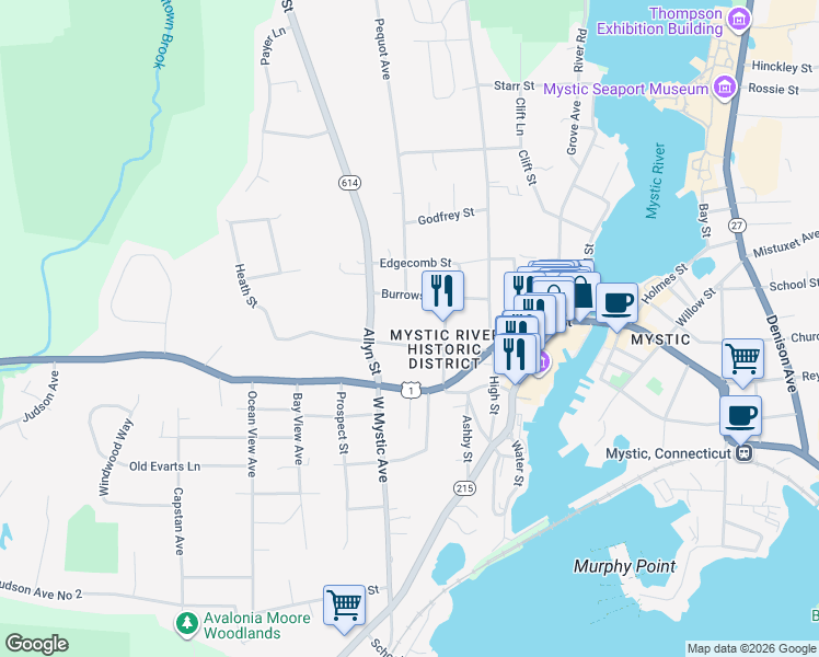 map of restaurants, bars, coffee shops, grocery stores, and more near 17 Burrows Street in Groton