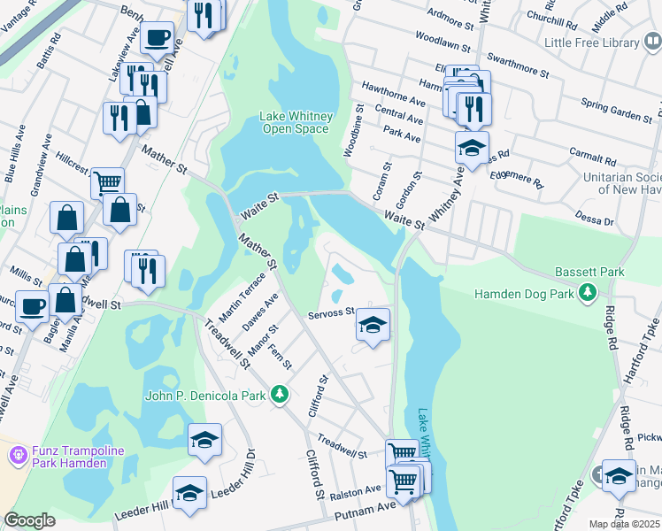 map of restaurants, bars, coffee shops, grocery stores, and more near 46 North Lake Drive in Hamden