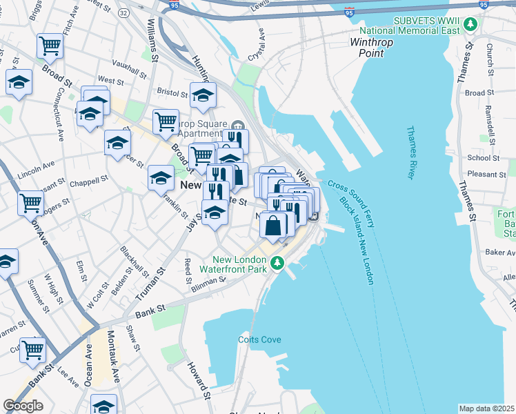 map of restaurants, bars, coffee shops, grocery stores, and more near 190 State Street in New London