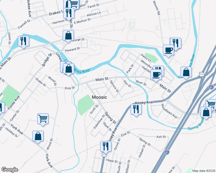 map of restaurants, bars, coffee shops, grocery stores, and more near 100 Spruce St in Moosic