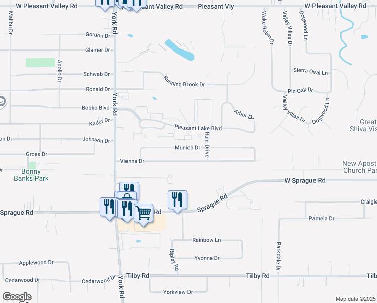 map of restaurants, bars, coffee shops, grocery stores, and more near 9807 Munich Drive in Parma